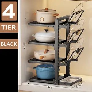 Heavy Duty Kitchen Organizer Pot Racks Under Cabinet Adjustable for Big Stockpots & Heavy Cookware Storage Solution Four Layers Black