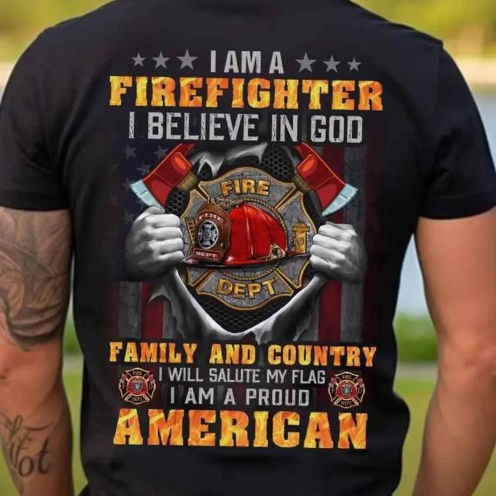 Firefighter American Pride T-Shirt, Menswear Patriotic Firefighter Graphic Shirt, For Firemen & First Responders, Gift for Proud American Heroes Classic Cotton Classic Tshirt