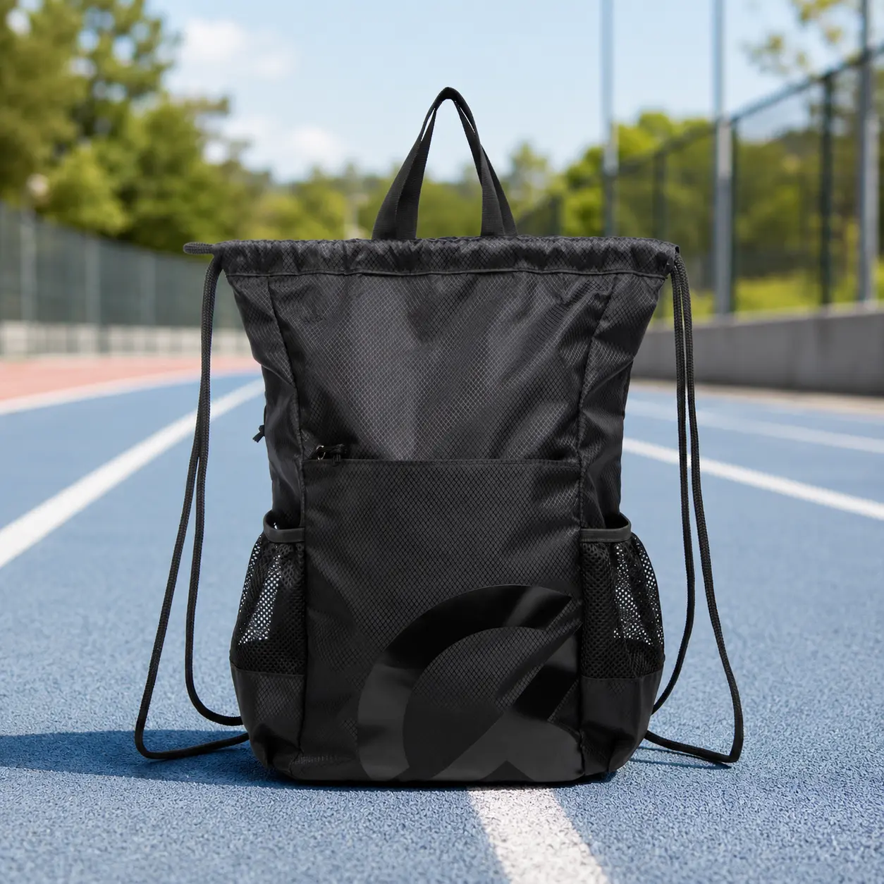 Durable Drawstring Bag - Gym Style Trainer Bag for Women, Large 16"x18" High-Density Oxford Drawstring Backpack with 2 Zipper Pockets, Water Bottle Mesh Pockets, Machine Washable for Gym, Travel, Draw String Bag