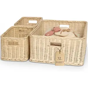 BEBE BASK Handwoven Rattan Wicker Basket Set of 3 (17 * 13 * 7 in) – Wicker Baskets For Organizing, Woven Basket, Wicker Storage Baskets For Shelves, Home, Nursery & Toy Storage