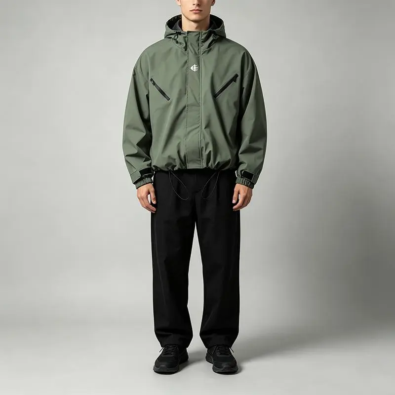 Men’s short hooded outdoor commuter jacket, high-street functional style, solid color, zip pockets, windproof hardshell outerwear