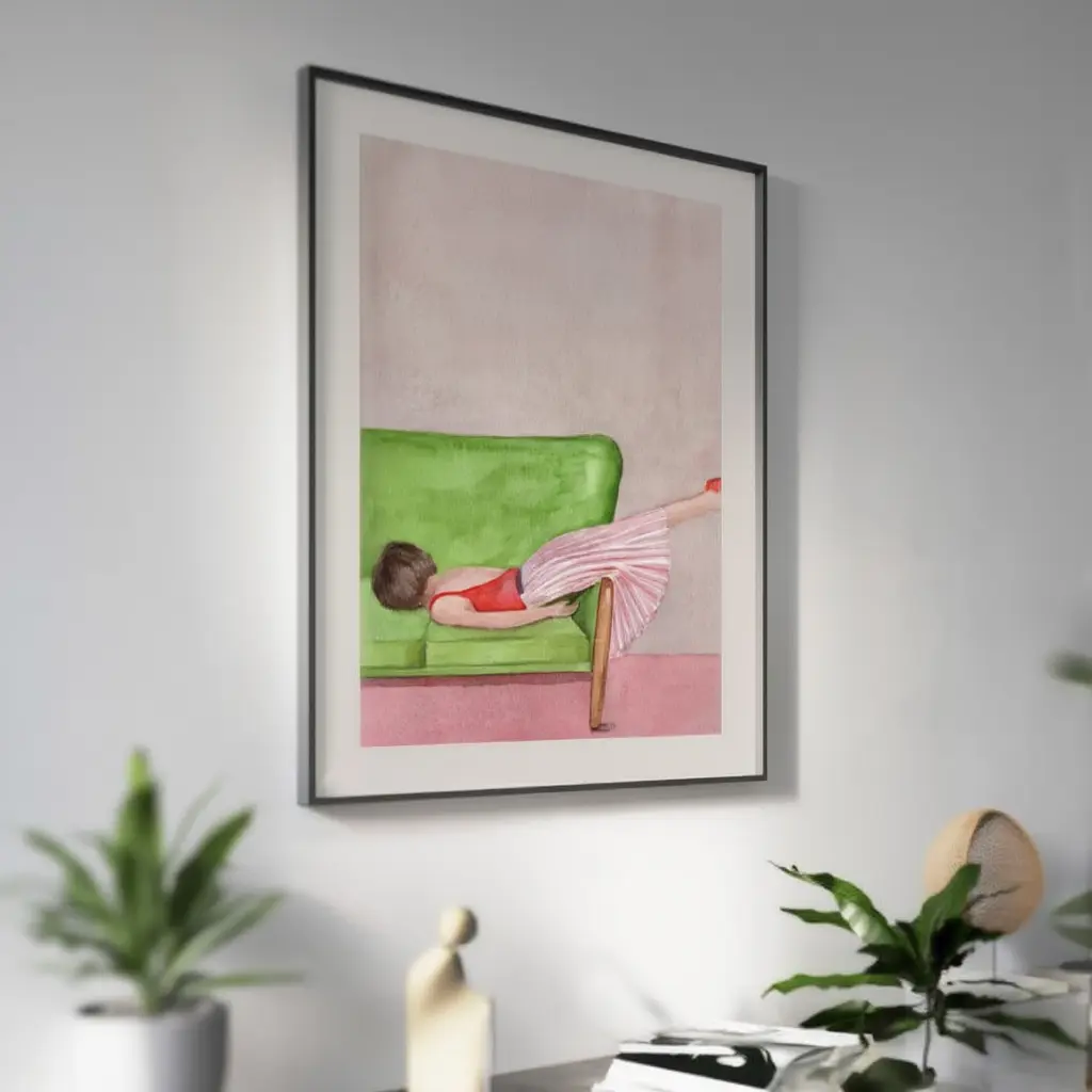 Woman Resting on Sofa Watercolor Poster Cozy Feminine Bedroom Wall Art Print