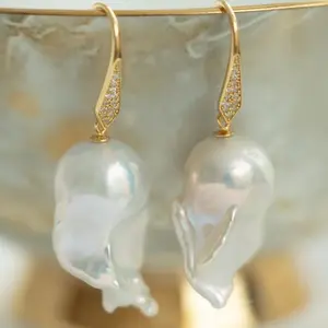 Baroque Pearl Drop Earrings 40-50mm | White Freshwater Pearls | Gold-Plated Silver