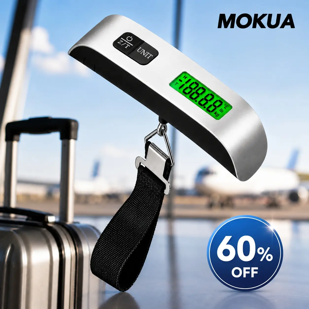 MOKUA Portable Digital Luggage Scale, 110lbs Hanging Baggage Scale for Accurate Weighing, Backlit LCD Display with Data Lock, Portable Suitcase Weight Scale, Travel Luggage Scale with Hook & Strong Straps