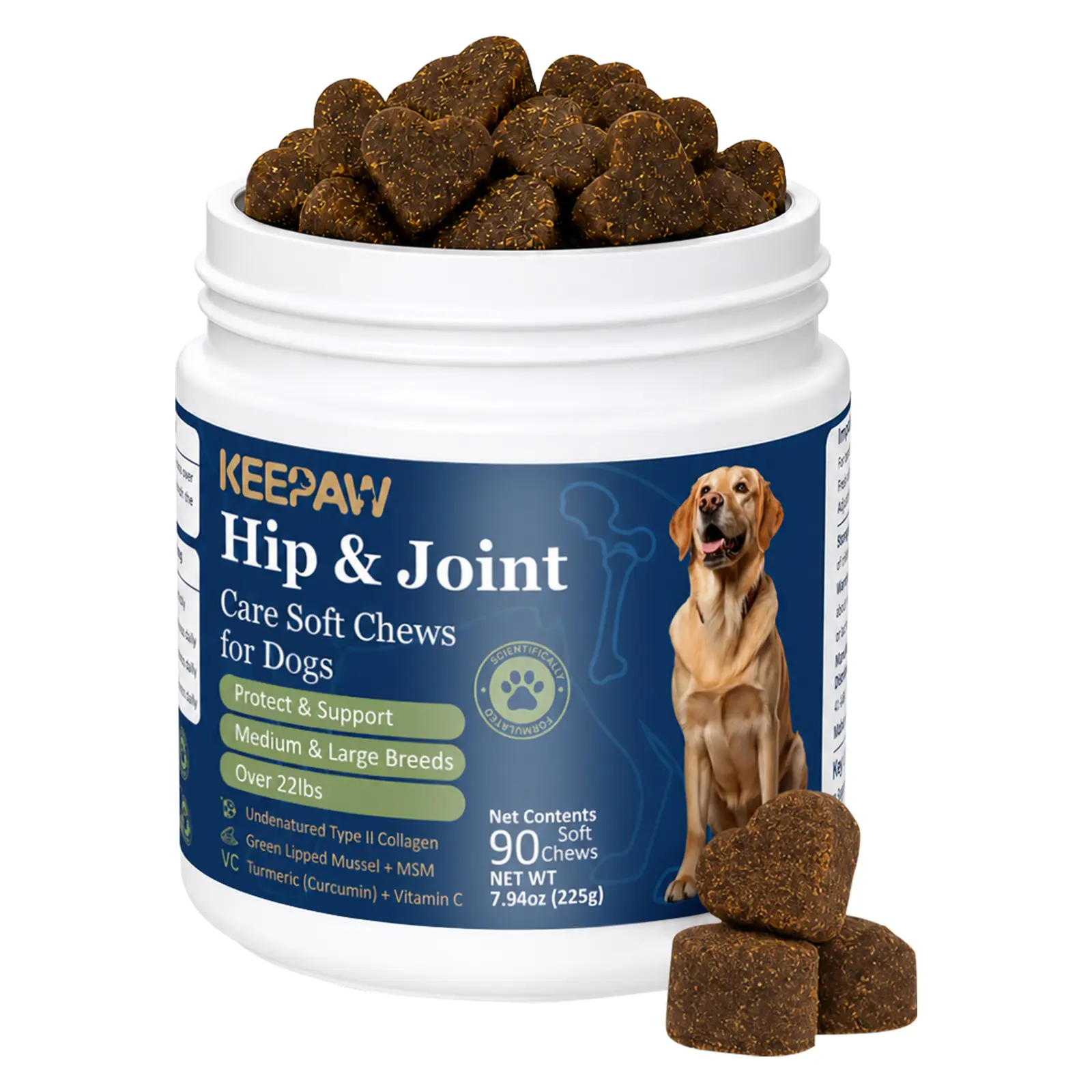 KEEPAW Hip and Joint Soft Chews for Senior Dogs – 90 Count with Undenatured Type II Collagen, Green Lipped Mussel, Curcumin, MSM, Vitamin C – Natural Roasted Chicken Flavor for Large Breeds