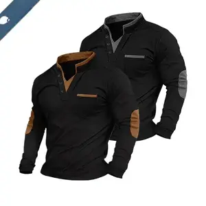 2 Pack Men's Multifunctional Spring, Autumn and Winter Lapel Shirt, Brown Elbow Detail, Imitation Two piece Design, Layered Knitted Classic Golf Shirt, Stylish Sports Jacket, Business Casual Party Vacation Travel Men's Top, POLO Shirt