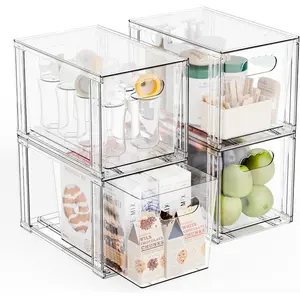 4 Pack Large Stackable Storage Drawers,11?Deep Under Cabinet Organizer, Bottle Organizer,Clear Stacking Pull Out Drawer, Storage Containers Bins for Organizing Snack,,Makeup