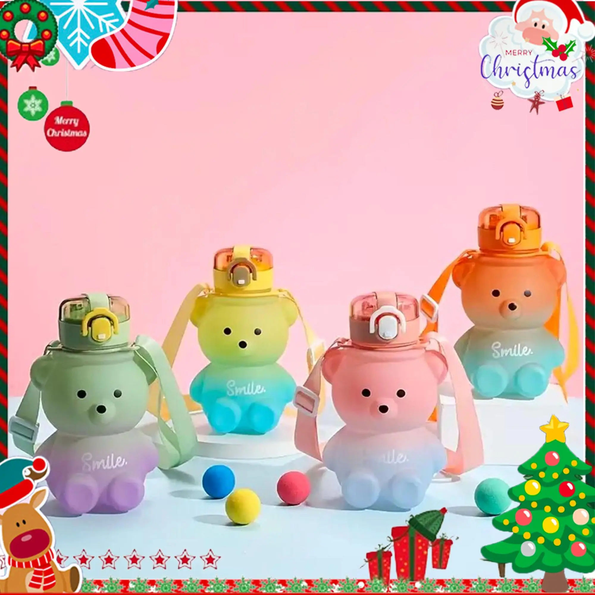 Cute Bear Gradient Water Cup, 1 Count Large Capacity Crossbody Water Bottle with Straw, Children's Sports Water Cup for Gift Giving