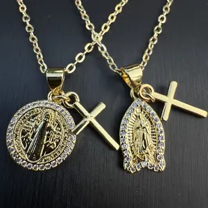 Pyrexta Jewelry Miniature Virgin Mary Priest Cross Pendant Necklace 14k Gold Plated 18-inch Chain Ideal Gift for Women Christmas Birthdays Holidays