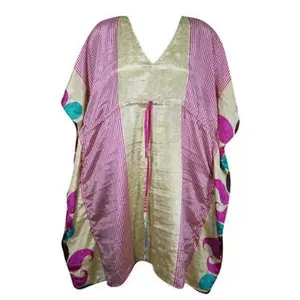 Boho Pink Kaftan, Recycle Silk Caftan, Summer, Housedress, pool, Beach Coverup Resort Caftan L-2X