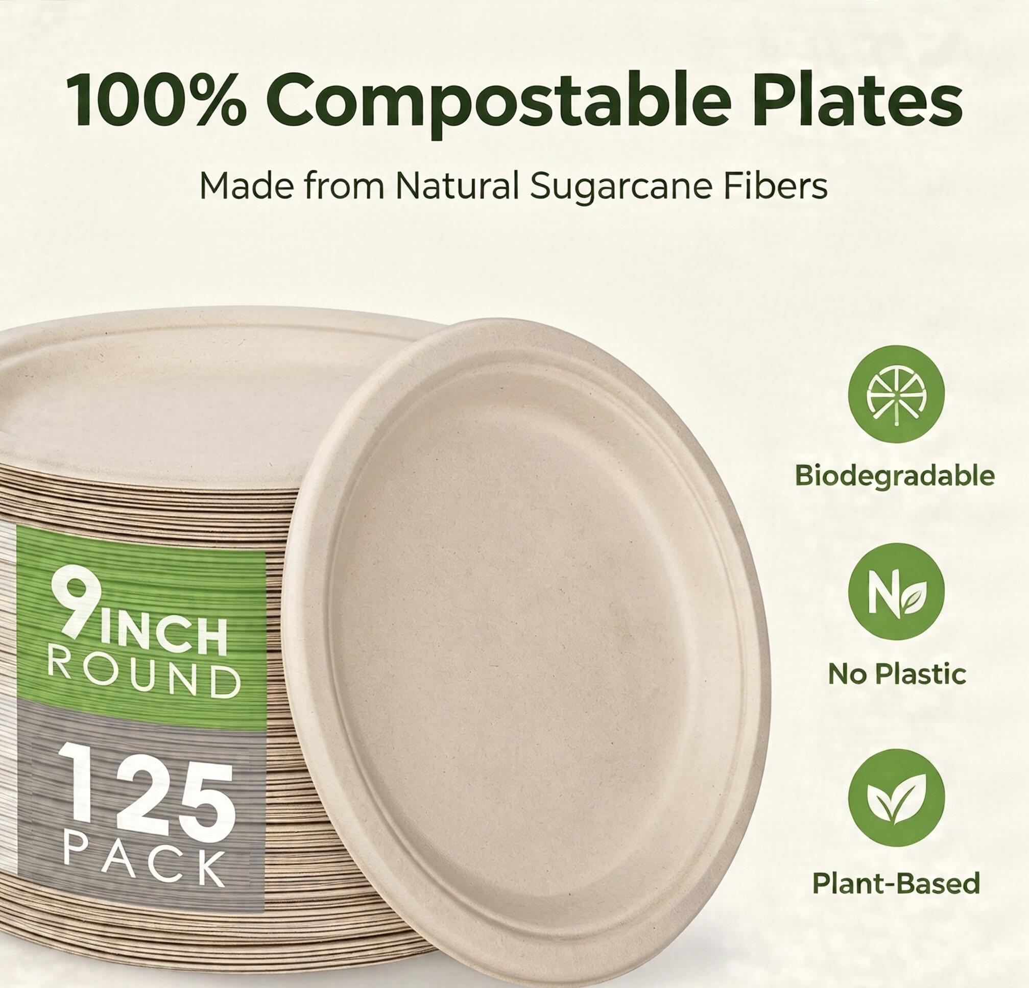 9 Inch Compostable Paper Plates 125 Pack, Disposable Sugarcane Bagasse Plates, Eco-Friendly Biodegradable Heavy Duty Plates for Party, BBQ, Picnic, Catering