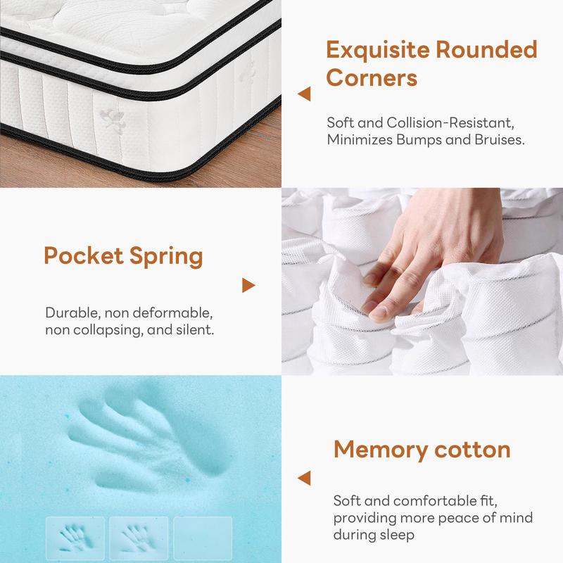 Hybrid Mattress In a Box, Individually Pocketed Innerspring, Fiberglass-Free Mattress, Medium Firm CertiPUR-US Certified, Ergonomic Modern Mattress