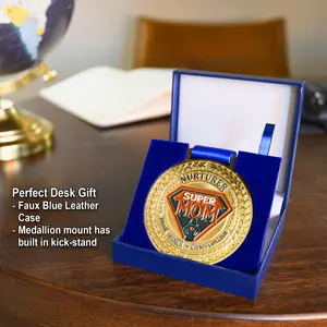 SUPER MOM Award Medal – 18K Gold Plated – Blue Faux Leather Case with Stand – Letter & Envelope – Mother's Day, Birthdays, Holidays
