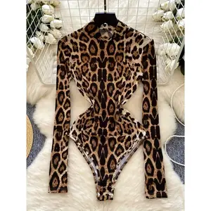 Women’s autumn–winter fashionable leopard-print high-neck long-sleeve jumpsuit, comfortable elastic slim-fit jumpsuit GARMENTARY