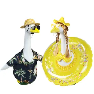 2 Set Porch Goose Outfit Couple Set Tropical Hawaiian Lawn Goose Clothes Fits 17"-23" Statues Bikini and Floral Shirt with Hat Sunglasses Wig and Float for Outdoor Yard Garden Decor (Goose Not Included)