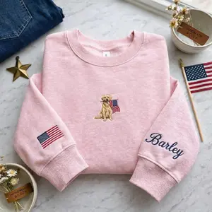 Custom Golden Retriever Embroidered Sweatshirt, Personalized Dog Mom Shirt with Name on Sleeve, USA Flag Dog Lover Crewneck