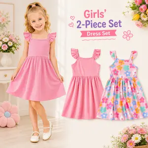 Toddler Girls 2-Pack Summer Dresses, Solid Ribbed Dress and Floral Print Sleeveless Dress Set, Casual Sundresses for Playtime and Daily Wear