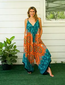 Mandala Teal and Orange Boho Yoga Jumpsuit Rompers Pants with Pockets