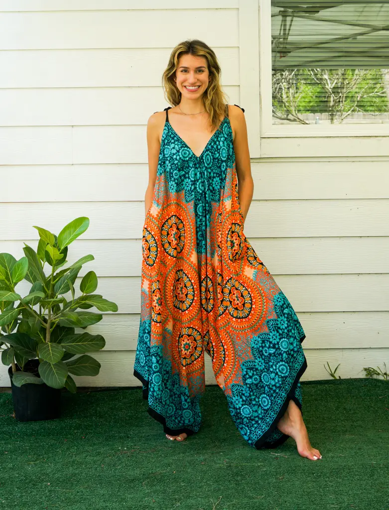 Mandala Teal and Orange Boho Yoga Jumpsuit Rompers Pants with Pockets