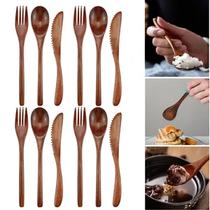12PCS Portable Wood Flatware Set for Eating Lunch Utensils Silverware Set Wooden Cutlery Set Eating Utensil Sets Wooden Reusable Wood Utensils for Eating Travel Wooden Spoons Forks