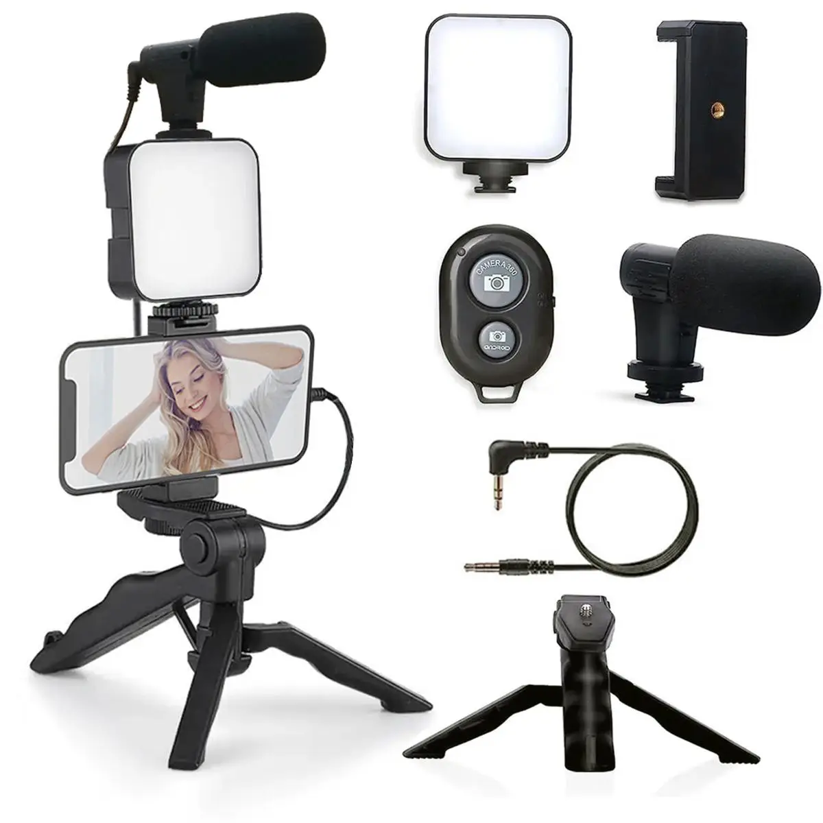 5-in-1 Cellphone Stand Stabilizer with LED Fill Light, Portable Smartphone Tripod for iPhone & Android, Folding Tripod Stand For Live Streaming, Selfi