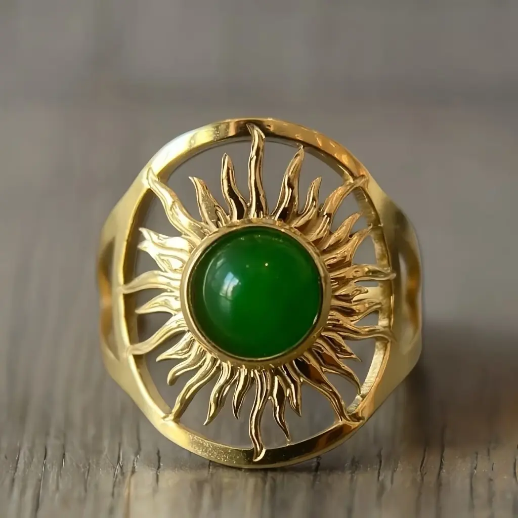 Inca Sun Motif Imitation Chalcedony Ring: Featuring an exotic and mysterious style, this ring is set with a round cabochon imitation chalcedony stone and crafted using openwork carving techniques. With its unisex design, it makes the perfect gift for him.