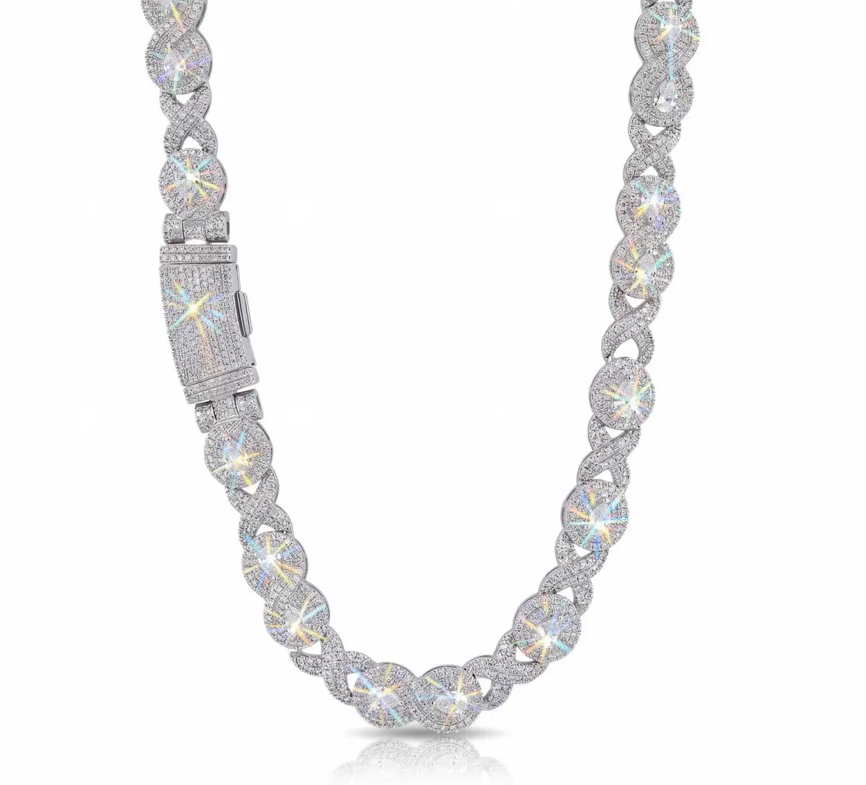 41.SPACEICE 12mm Iced Out Infinity Link Chain, Fully Encrusted CZ Zirconia Hip Hop Necklace for Men & Women, Tarnish-Resistant Silver Tone Statement Jewelry