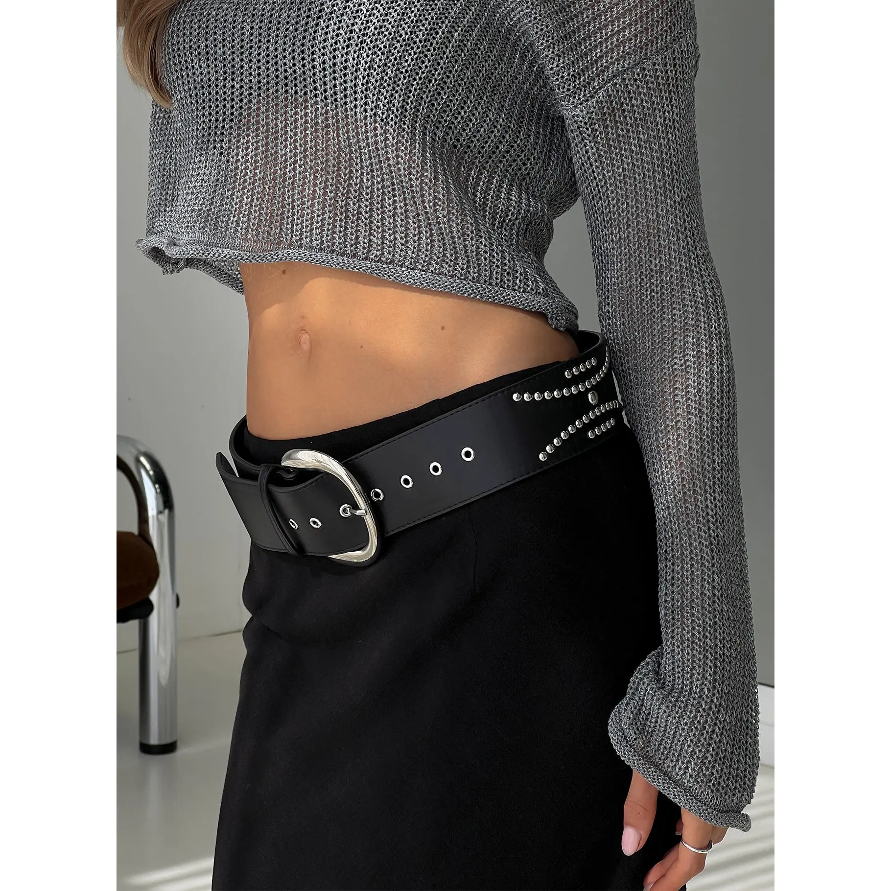 Jordynne Studded Faux Leather Belt Black / Silver Jordynne Studded Faux Leather Belt Black / Silver