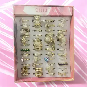 Box  Gold-Laminated Rings Set - 48 Assorted Styles, Mix Sizes, Elegant Design, Jewelry Rings