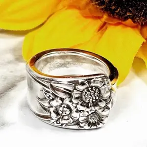 Upcycled Sunflower Spoon Ring Made From Vintage Silverware with Detailed Floral Design and Unique Craftsmanship