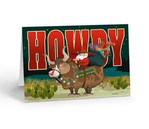 Stonehouse Collection Western Santa Christmas Cards with Envelopes, 5x7 inches, Cowboy Santa Riding Bull Design, 18-Pack