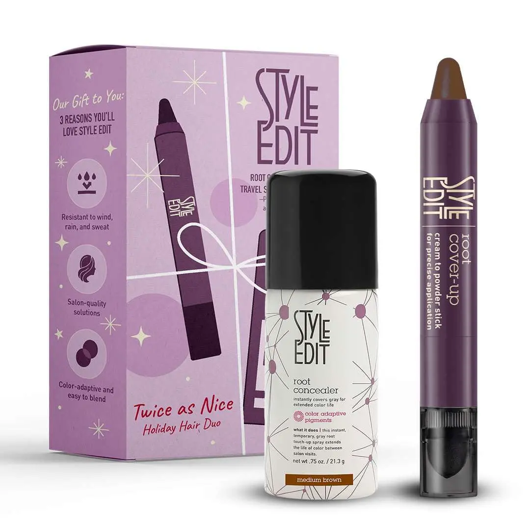 Style Edit Travel Essentials Hair Duo Root Touch Up Spray and Root Cover-Up Stick | Instant Gray Root Concealer for Grays and Roots Coverage | Medium Brown