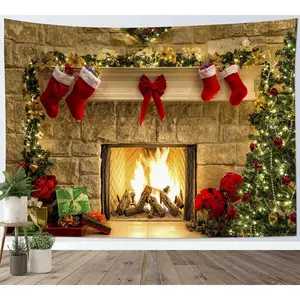 Christmas Fireplace Tapestry Wall Hanging Christmas Tree with Christmas Stocking Decor Wall Tapestry Xmas Tapestry Warm Christmas Wall Art for Bedroom Room Dorm Outdoor Decor