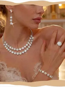 Tungary Wedding Jewelry Sets Bridal Wedding Jewelry for Women Hypoallergenic Choker Necklaces for Women Dangle Earrings Bracelet Adjustable Ring Wedding Jewelry Set for Brides Bridesmaid Party Prom Costume Accessories