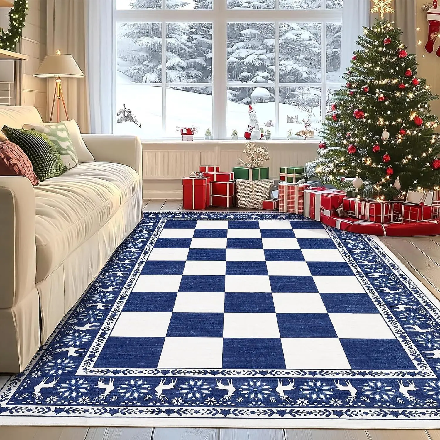 GARVEE 6x9 Area Rugs for Living Room, Checkered Christmas Rugs for Holiday Decor, Non Slip Low Pile Washable Rug for Dining Room, Bedroom, Blue, Christmas Check