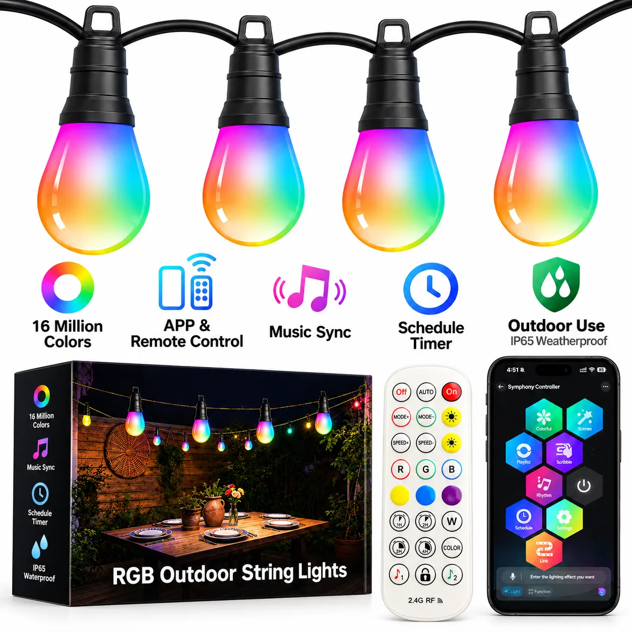 Smart RGB Outdoor String Lights, Color Changing Patio Lights with App & Remote Control, Music Sync LED Globe Lights, Waterproof Shatterproof Outdoor Party Lights for Backyard, Garden, Christmas, Halloween Decor, Funky holiday lighting