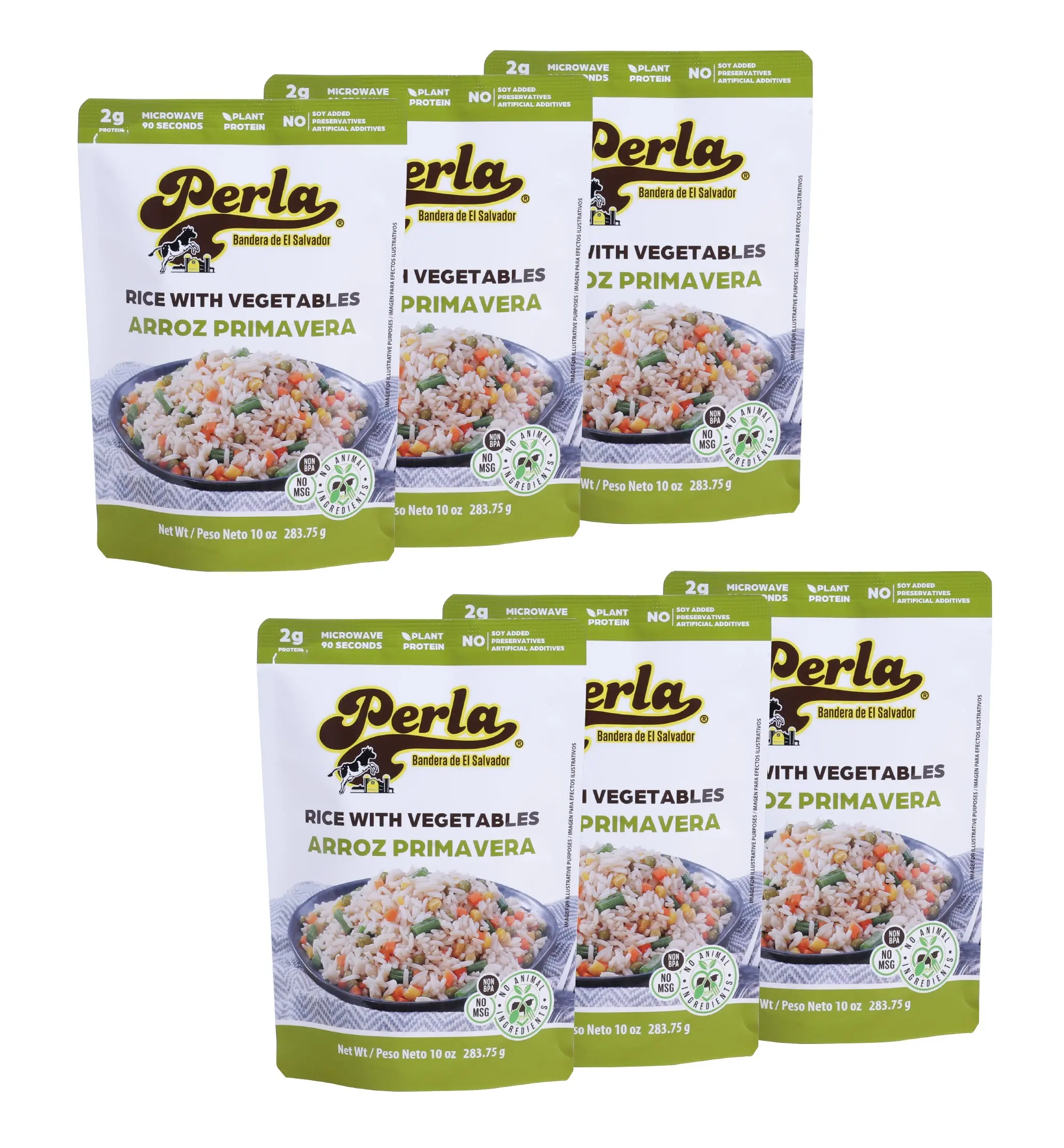 Perla Ambient Instant Garlic Rice & Vegetable (Arroz Primavera) - 10 oz BPA-Free Bags, Pack of 6, with Corn, Onion, Salt