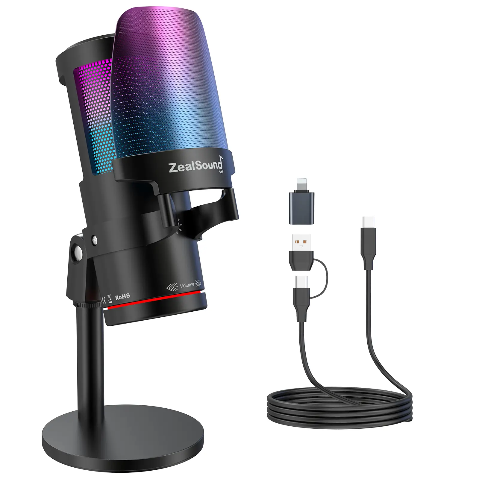 ZealSound USB Microphone for PC Mac iPhone & Android, Podcast Mic with Noise Cancellation, Touch Mute, RGB Light, Volume & Monitor Control, for Streaming Gaming Podcasting ASMR TikTok Discord YouTube