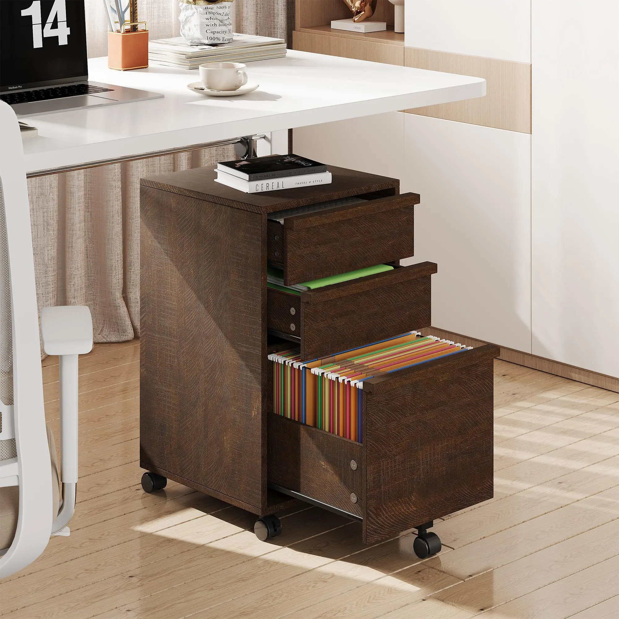3-Drawer Mobile Wooden File Cabinet with Roller Base - Under-Desk Office Furniture, Large-Capacity File Drawer, Multi-Functional Rolling Printer Stand, 2 Locking Casters, Natural Wood Finish for Home & Office, Three Drawers