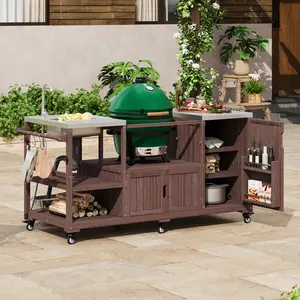 ARCH K&K 75.4" Outdoor Kitchen Island with Sink, Solid Wood Outdoor Grill Cart for XL Green Egg Grills, Rolling Outdoor Bar Cart with Stainless Steel Top, for Pizza Prep & BBQ, Brown