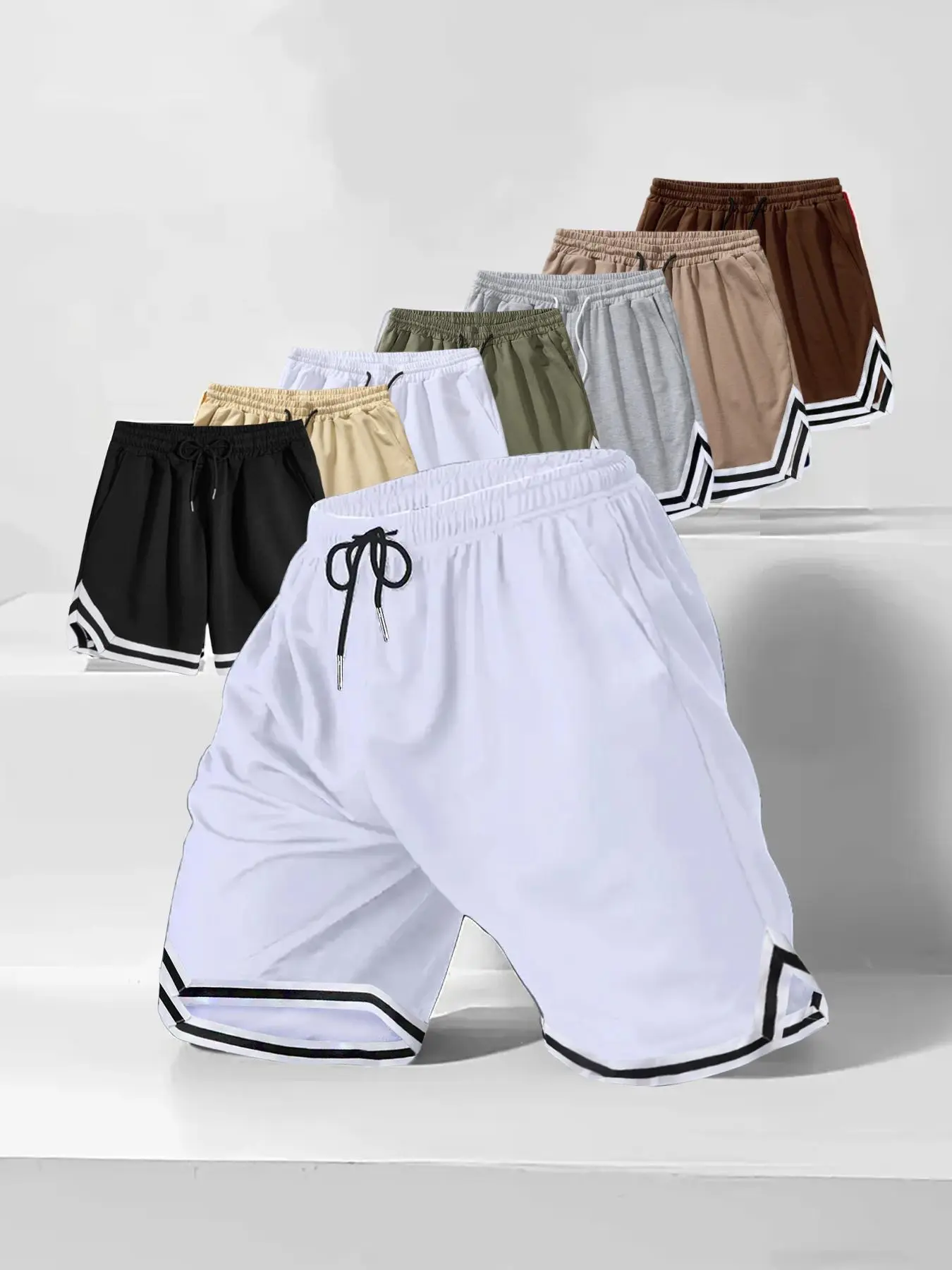 Men's Solid Color Ribbed Trim Drawstring Waist Shorts, Regular Fit Casual Comfy Breathable Shorts for Outdoor Daily Wear, Men's Bottoms for Summer