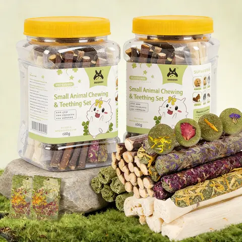 100-120 PCS Natural Healthy Rabbit Chew Toys & Dental Care Treats Set - 110g Dry Fresh Jar Rabbit Supplies with Timothy Sticks, Flower-Plant Mix, Grass Cakes, Crunch, Sweet Bamboo for Gerbil, Chinchilla
