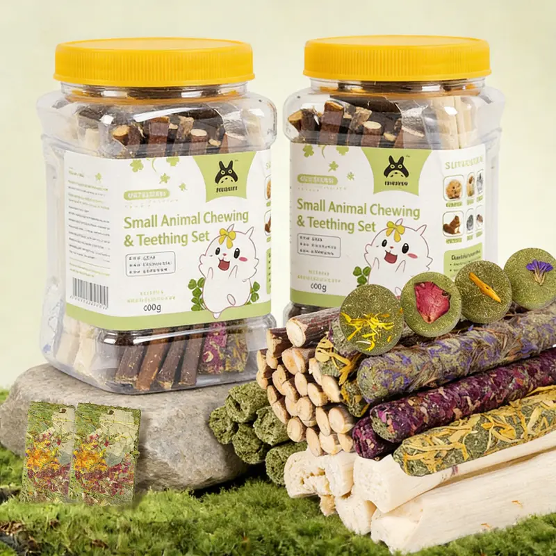 100-120 PCS Natural Healthy Rabbit Chew Toys & Dental Care Treats Set - 110g Dry Fresh Jar Rabbit Supplies with Timothy Sticks, Flower-Plant Mix, Grass Cakes, Crunch, Sweet Bamboo for Gerbil, Chinchilla