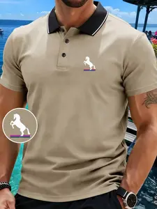 Horse Logo Print Men's Casual Sports Short Sleeve Polo Shirt | Stylish, Comfortable, Breathable, Regular Fit, Slightly Stretchy Lightweight Comfortable Skin-friendly Shirt, Golf Shirt
