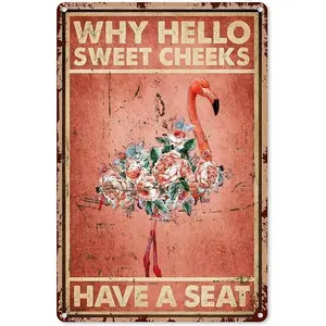 Hello Sweet Cheeks Sign Why Hello Sweet Cheeks Have A Seat Pink Flamingo Metal Sign Bathroom Metal Wall Decor