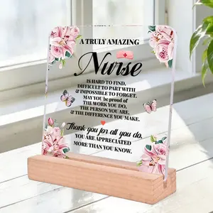 1 Pc Inspiring Nurses Day Gift, "A Truly Amazing Nurse" Acrylic Desktop Decor with Wooden Base, Pink Floral Pattern, Thank You Gift for Nurses, Holiday Gift, Suitable for  Hospital Decor, Room Decor, Home Decor, Office Decor, Bedroom Decor