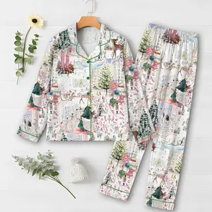 Women’s White Christmas Ballet Christmas Tree Elk Short Sleeve Satin Pajama Set, Pajama Nightwear Hot, Pajama Nightwear, Set for Her Women