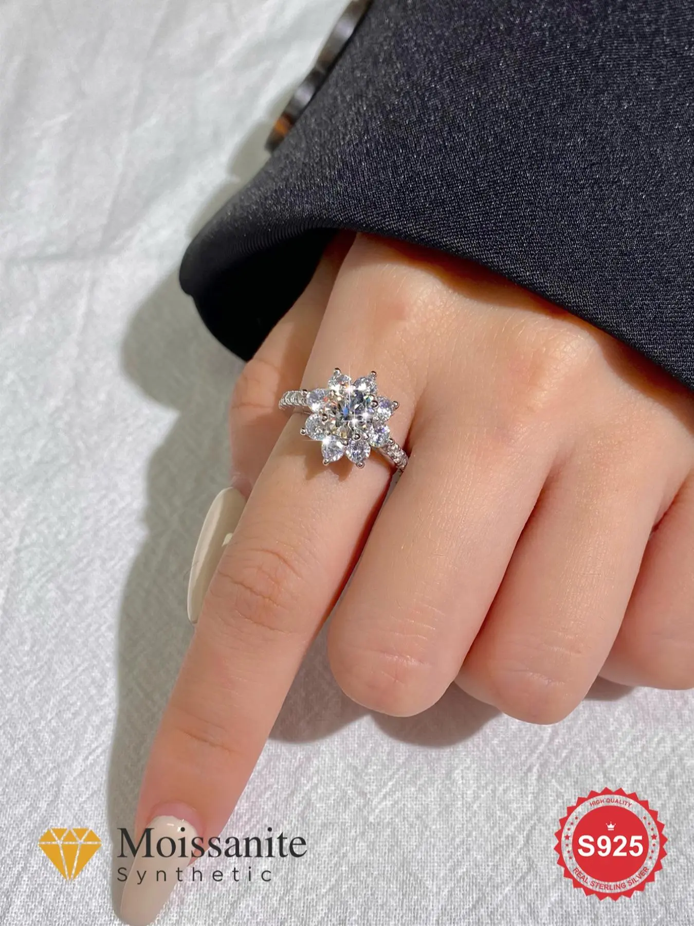 S925 Sterling Silver Synthetic Moissanite Sunflower Design Engagement Ring, Luxury Exquisite Ring for Women, Promise Wedding Bridal Ring, Fine Jewelry for Women