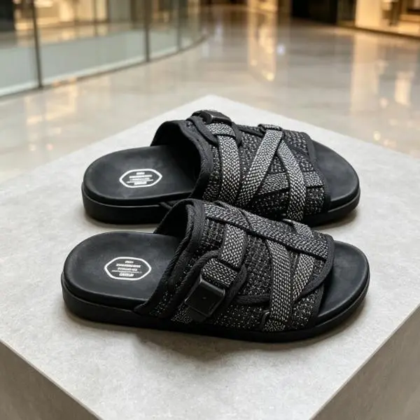 Men’s Black Slide Sandals, Adjustable Strap Open Toe Sport Sandals, Non-Slip Comfortable Footbed Sandals for Indoor Outdoor Beach and Casual Wear