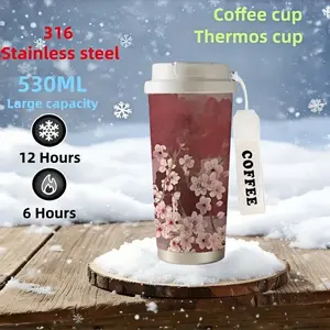 Flower Language Series 008 1PC 530ML, Large Capacity, Pink Cherry Blossom Pattern, Thermal Insulated Cup, Coffee Cup, With Straw, Lid, Hand Rope, 316 Stainless Steel Material, Hot and Cold Beverages, Festival Gifts